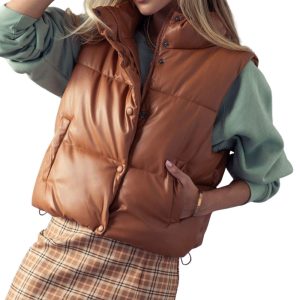 Faux Leather Puffer Vest | Synthetic Leather Puffer Vest