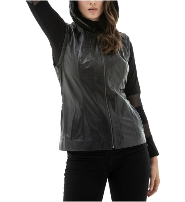 Black Fashionable Hooded Leather Vest