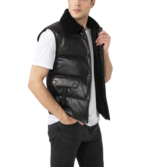 Black Puffer Leather Vest | Leather Waistcoat