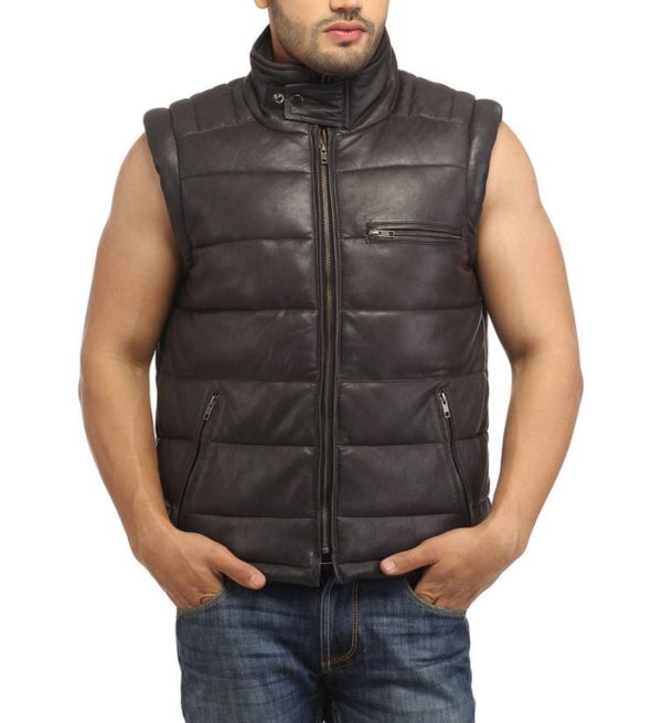 Masculine Leather Puffer Vest