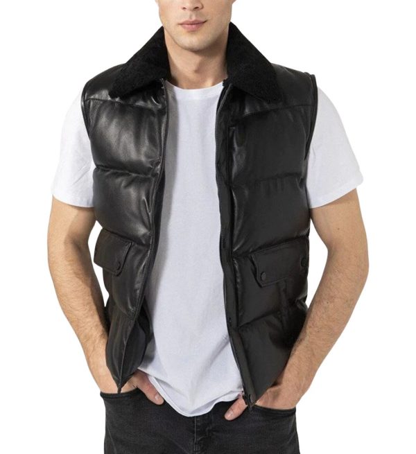 Black Puffer Leather Vest For Men . A Man Wearing Black Leather Ouffer Vest