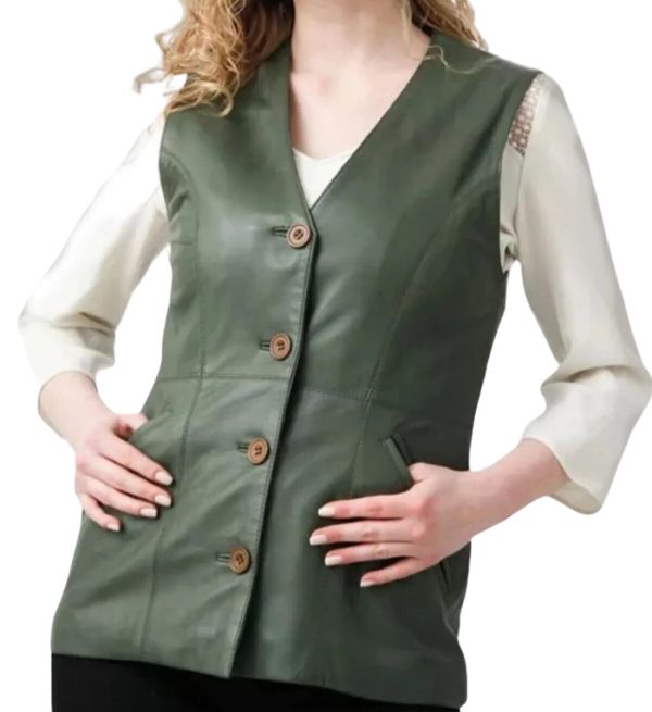 Evergreen Grace: Women's Green V-Neck Leather Vest