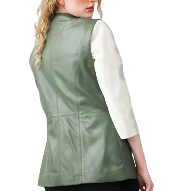 Women’s Green V-Neck Leather Vest Back Side View