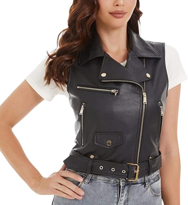 Sleek and Edgy: Women’s Slim Fit Sleeveless Leather Vest