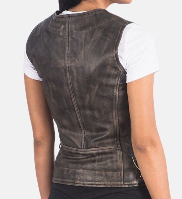 Vintage Vibe: Women's Distressed Brown Leather Moto Vest