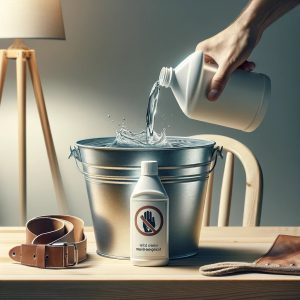 Here's the image illustrating the initial step of filling a bucket with warm water and adding a small amount of mild detergent suitable for leather cleaning, with a clear indication to avoid using harsh chemicals or soap. 