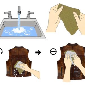 This image illustrates the step following the initial cleaning of a leather vest. It shows hands rinsing a cloth or sponge under running water to remo