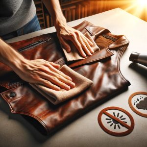 Here's the image depicting the use of a dry, clean cloth to absorb any remaining moisture from the leather vest, while emphasizing the need to avoid direct heat sources like a hairdryer or sunlight. 