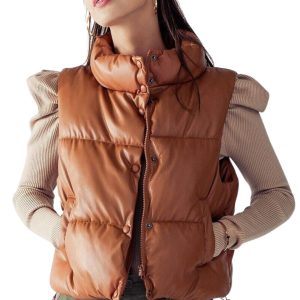Faux Leather High Neck Collar Puffer Vest
