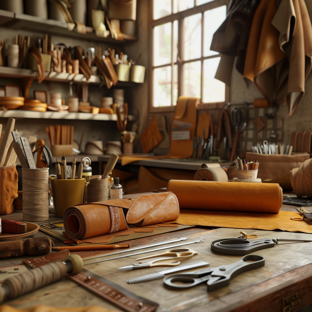 A detailed view of a small leather workshop with a cluttered workbench, featuring various tools such as scissors, cutting knives, measuring tapes, and rolls of leather. The setting includes shelves filled with leather materials and supplies, highlighting the craftsmanship involved in leather manufacturing.