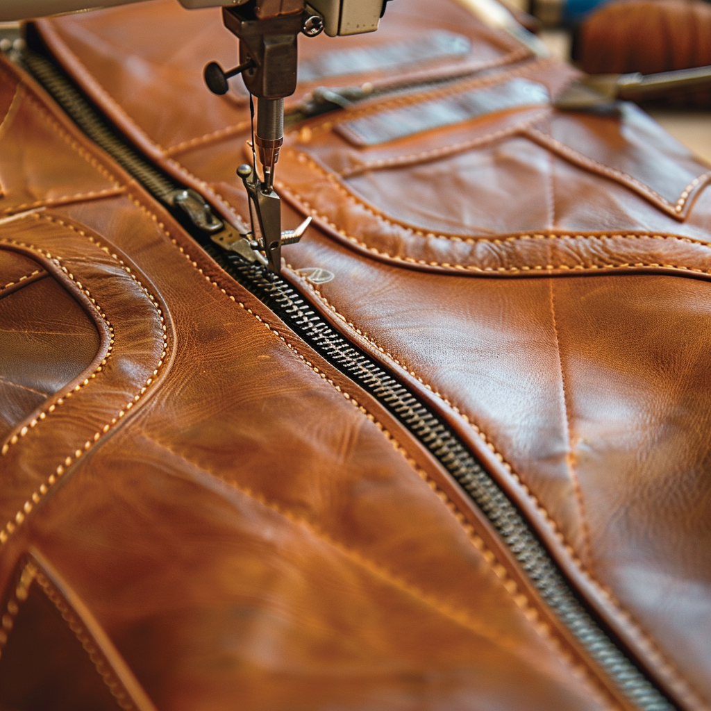 Close-up of a sewing machine stitching a brown leather vest, highlighting precise stitching and a sturdy zipper in a well-organized leatherworking environment.