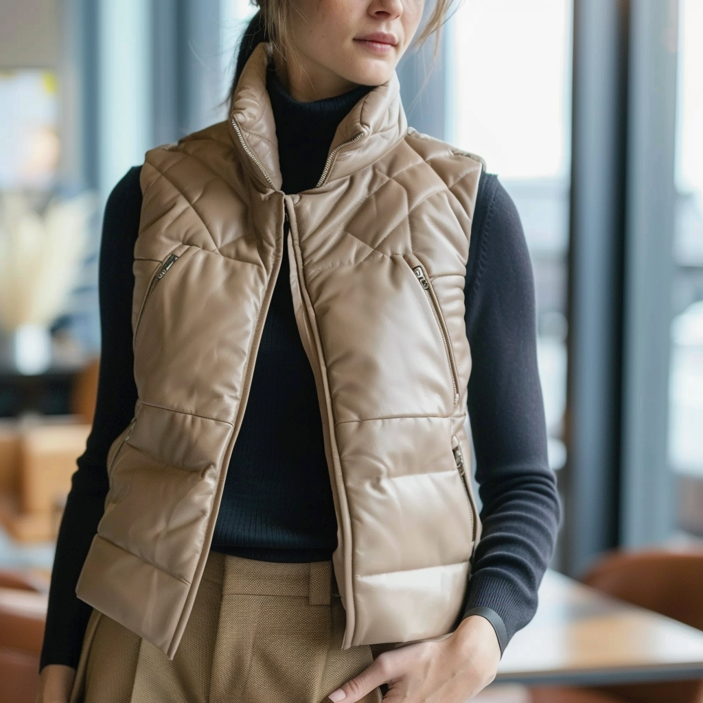 A woman in a beige leather puffer vest over a black dress shirt and tan slacks, in a modern office. The vest adds sophistication and warmth to her professional look.