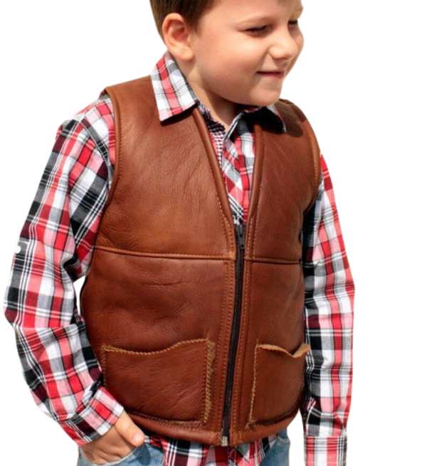 Warm& Wild: Kids' Sheepskin Leather Brown Vest with Cozy Fur Lining