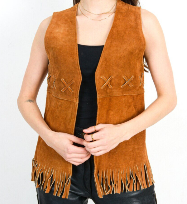 Retro Real Suede Leather Fringe Vest Vintage Cowgirl Chic in Brown