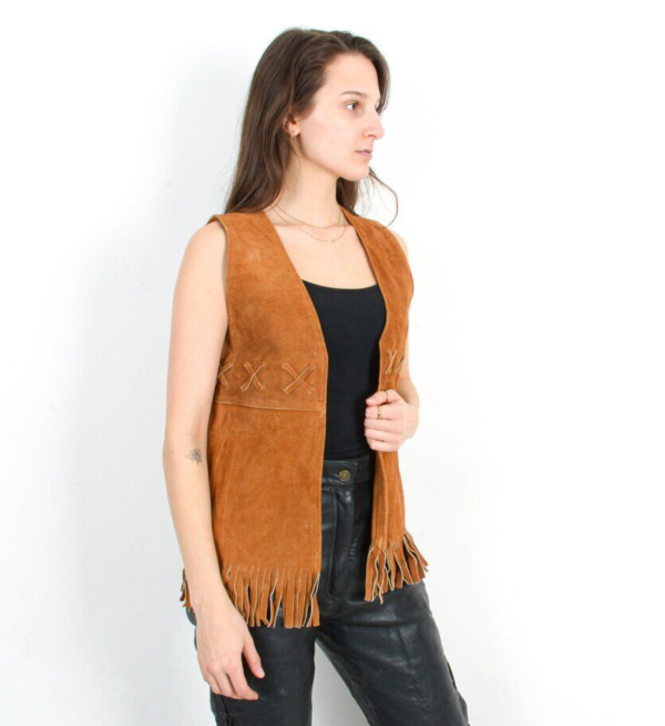 Retro Real Suede Leather Fringe Vest Vintage Cowgirl Chic in Brown