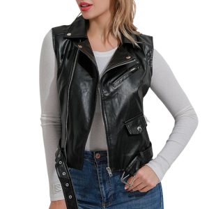 Leather Motorcycle Vest for Women Riding Club Black Biker Vests