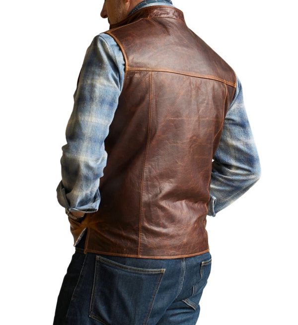 Men Brown 100% Genuine Soft Leather Motorcycle Vest