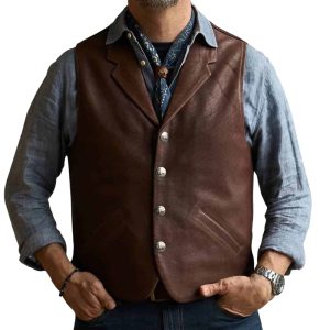 Bison Vest for Men Western Style Brown Leather Vest for Men Clothing.
