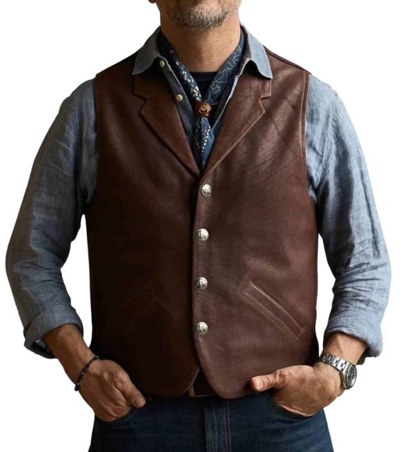 Bison Vest for Men Western Style Brown Leather Vest for Men Clothing.