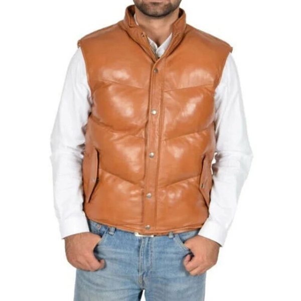 Men's Puffer Leather Tan Brown Padded Lambskin Leather Casual Vest Style