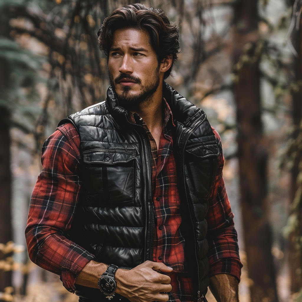 Man wearing a black leather puffer vest paired with a red plaid shirt and dark denim jeans, set against an adventurous forest backdrop.