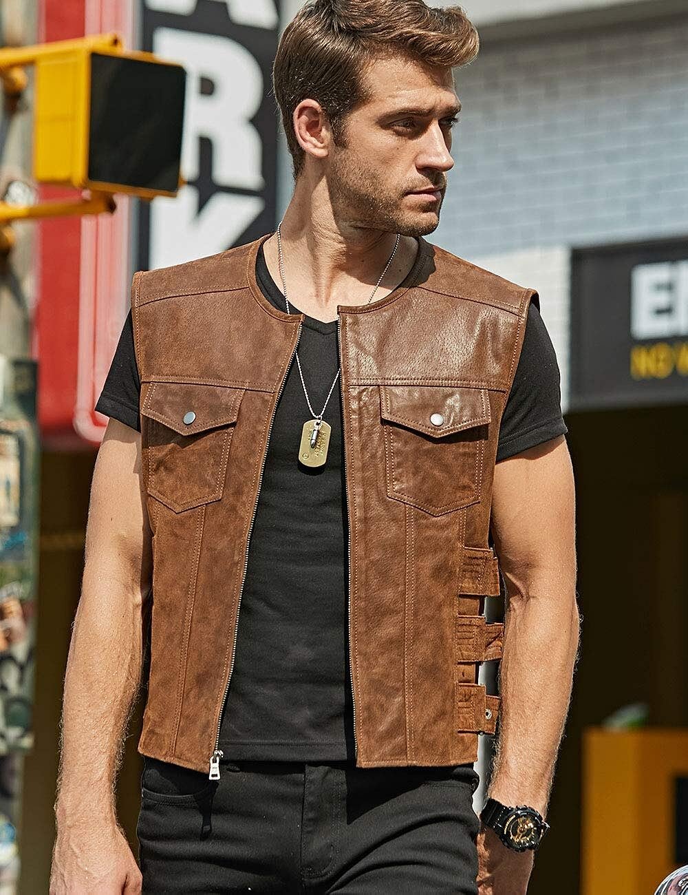 Brown Leather Vests in Formal Outfits