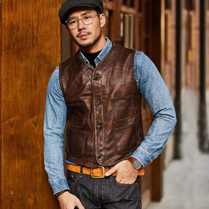 Men's Brown Leather Vests in Vintage Fashion