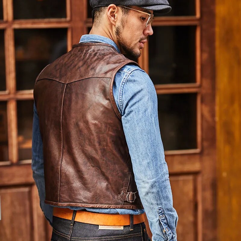 men's brown leather vest