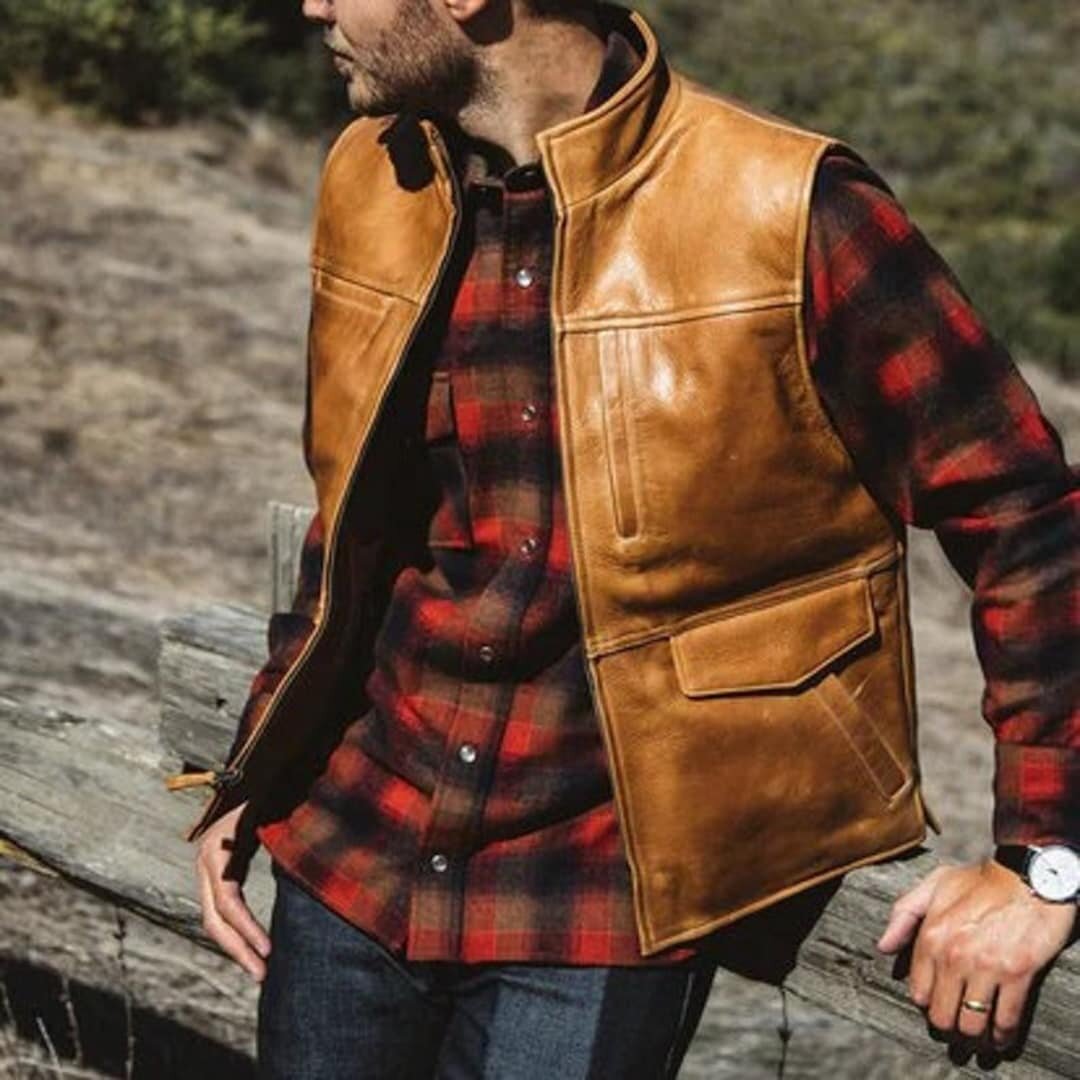 men's brown leather vest fit