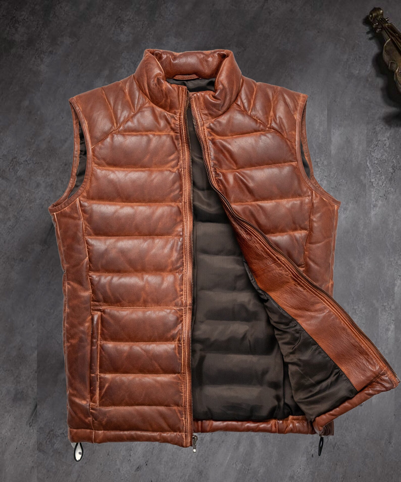 brown leather puffer vest