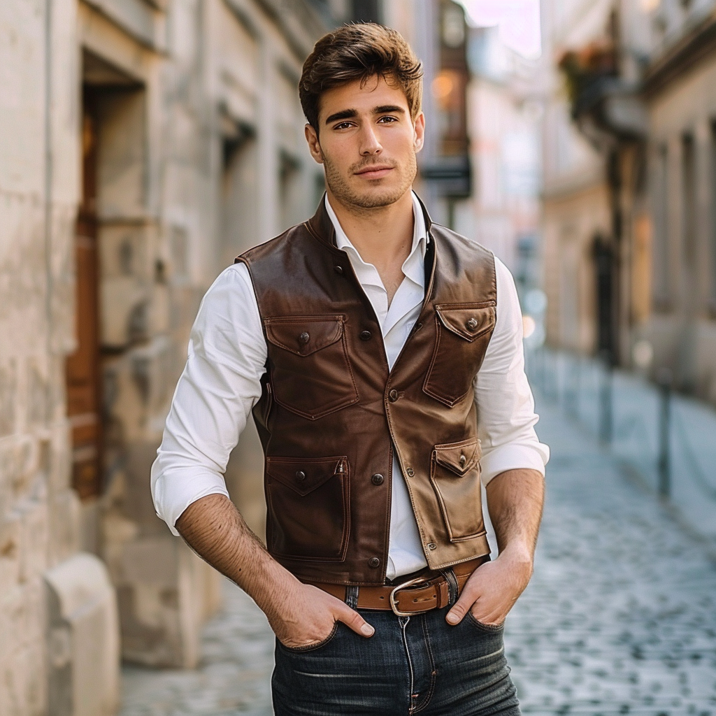 image of a male model dressed in a stylish outfit that includes a brown leather vest.
