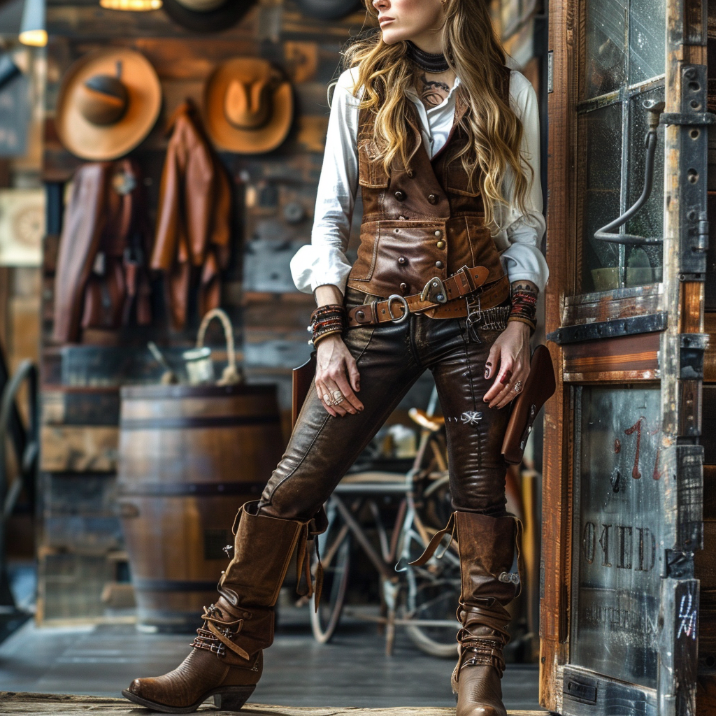 a model wearing a brown leather vest paired with a complementary classic brown leather belt and leather boots.