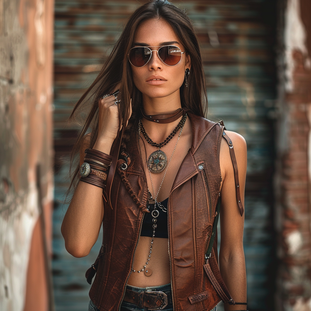 a stylish image that showcases a model exuding cool and sophistication while wearing sunglasses and jewelry. 