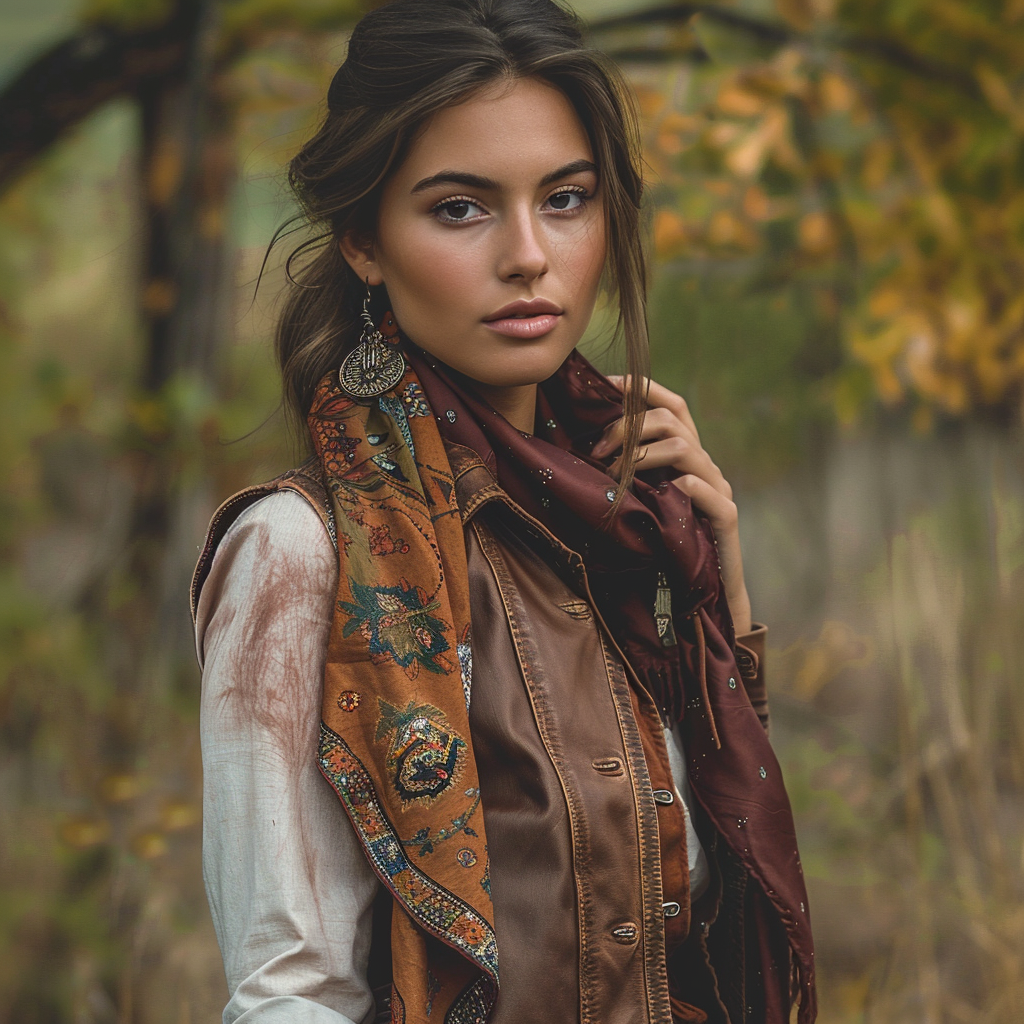 an image of a fashionable model wearing a stylish brown leather vest paired with a versatile scarf and a distinctive bolo tie. 