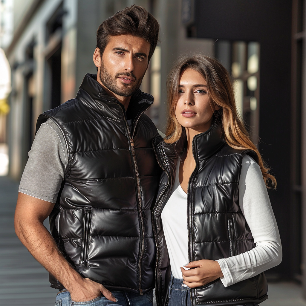 A male and female model wearing stylish black leather puffer vests with a high collar, front zipper, and side pockets. They pose confidently against an urban street scene, wearing plain white shirts and dark jeans. The lighting highlights the vest's sleek, shiny finish and quilted design.