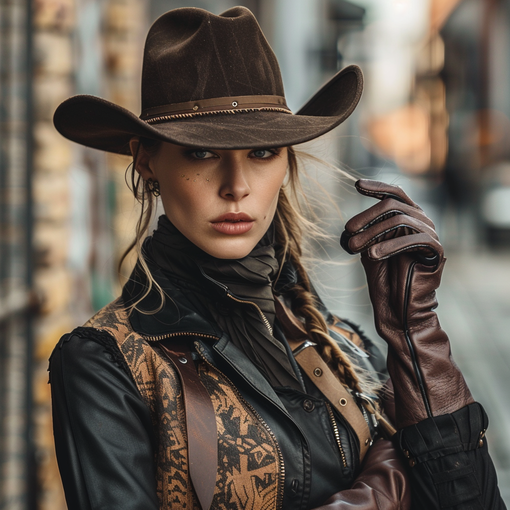 image of a stylish model in a dynamic urban setting, showcasing a mix of sophisticated and rugged accessories. The model, a fashionable man or woman, is wearing a rugged leather cowboy hat, capturing a full-on Western vibe, and a chic fedora or trilby for a more urban and sophisticated look.
