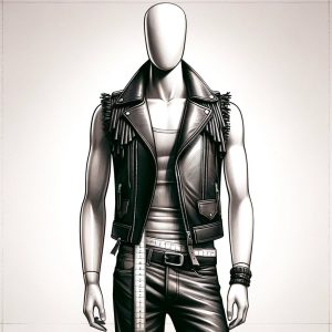 A mannequin with a rectangular shape modeling a fringed leather vest.