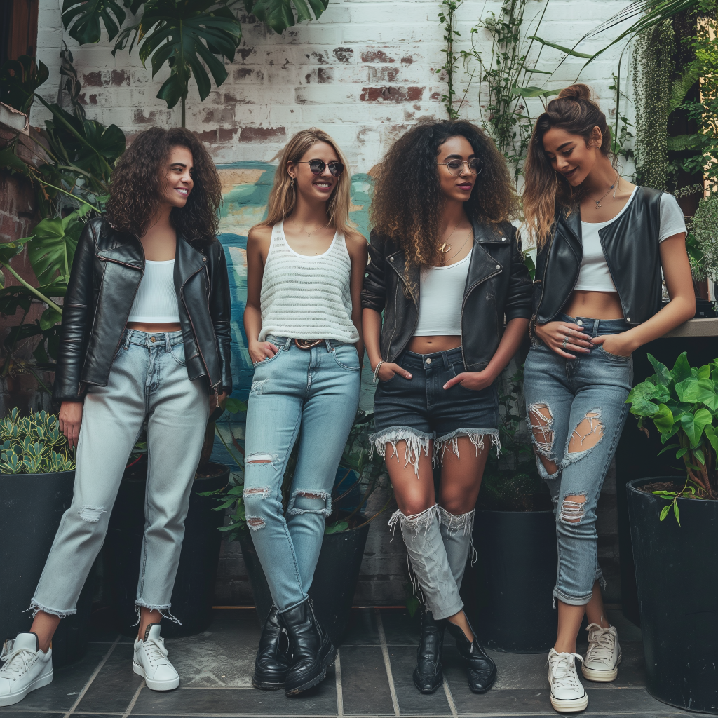 an image featuring a group of friends with smaller frames. Focus on one individual wearing a cropped leather vest that ends above the waist, paired with stylish jeans or pants