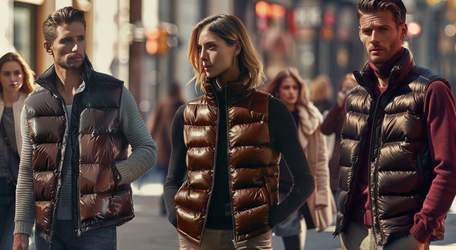 displaying a collection of realistic-looking models, both men and women, each wearing a different style of leather puffer vests. 