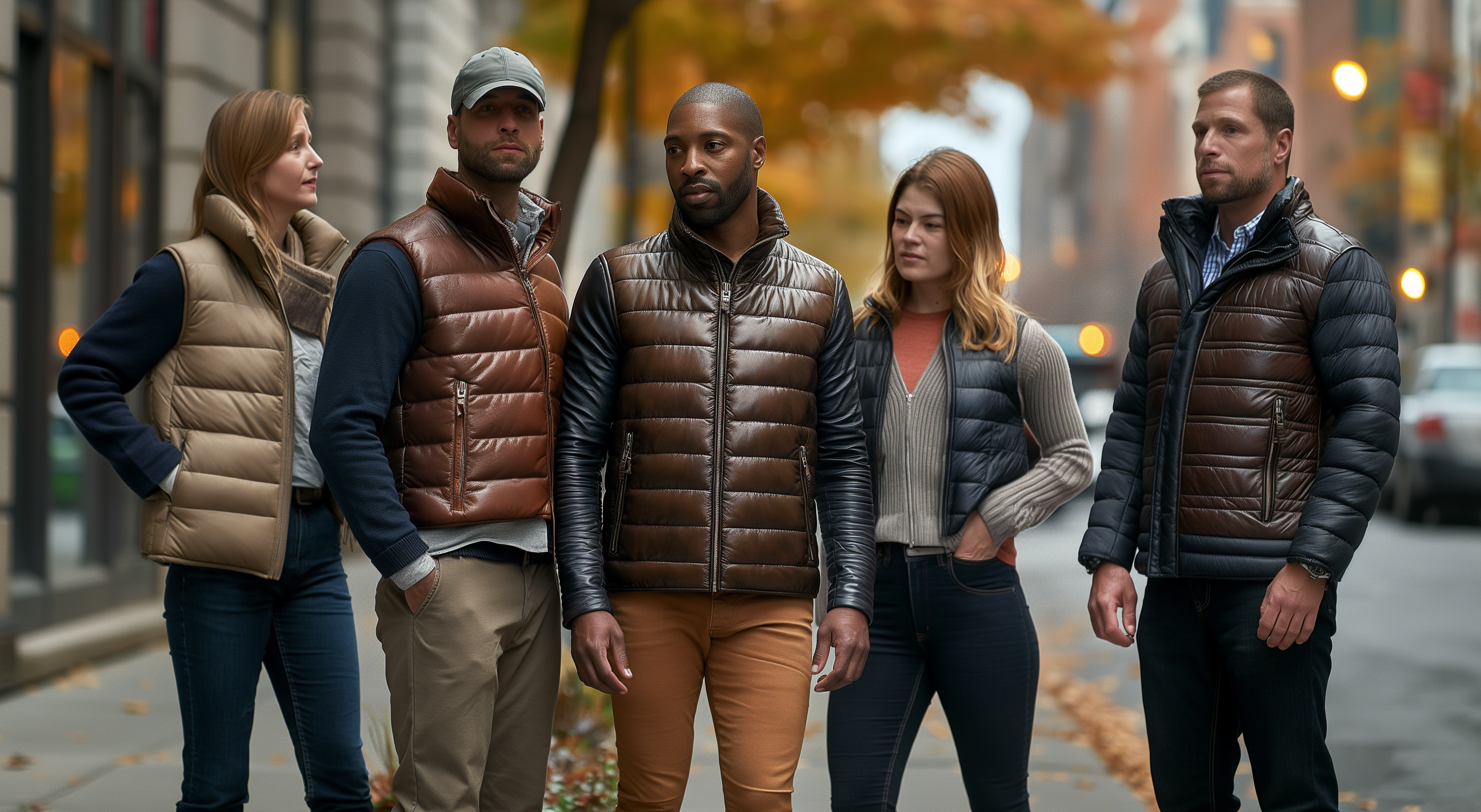 image showcasing a diverse group of men and women wearing leather puffer vests.