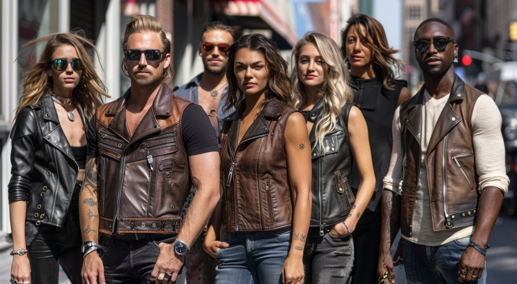Showcasing a diverse lineup of models wearing a variety of leather vests.
